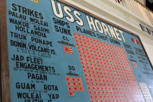 View of a section of the USS Hornet (CV 12) scoreboard displayed at the National Naval Aviation Museum.