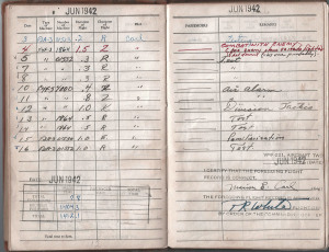 Pages from the Aviators Flight Log Book of Captain Marion Carl, USMC, recording his first kill at the Battle of Midway.