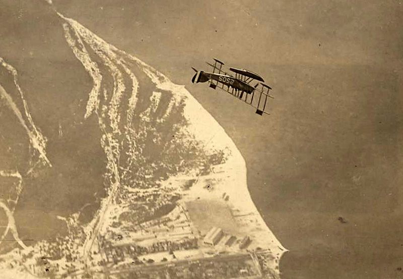 An N-9 seaplane picture in a loop over Naval Air Station (NAS) Pensacola, Florida, during 1918-1919.