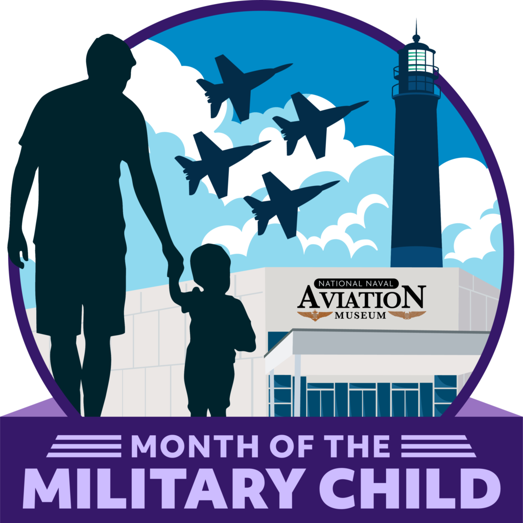 month of the military child logo featuring an adult and child silhouette and jets flying